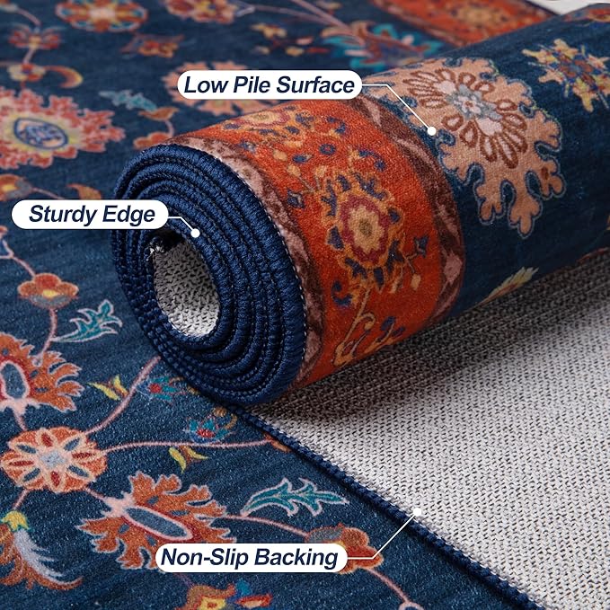 Tangsoo 8x10 Large Area Rug for Living Room,Non Slip Machine Washable Rug for Bedroom, Boho Distressed Vintage Red Blue Floral Rugs, Soft Low Pile Floor Carpet for Dining Room Office Kitchen Farmhouse