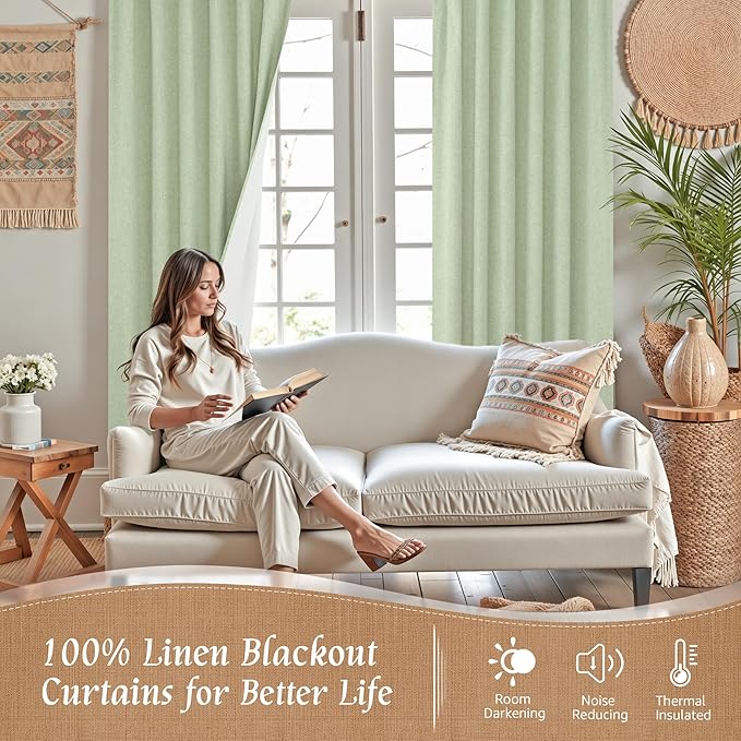 LAMIT Natural 100% Blackout Linen Curtains, 54 Inches Linen Textured Thermal Bedroom Curtains Back Tab and Rod Pocket Neutral Panels with White Liner for Farmhouse, 2 Panels, 42 x 54 Inch, Light Green