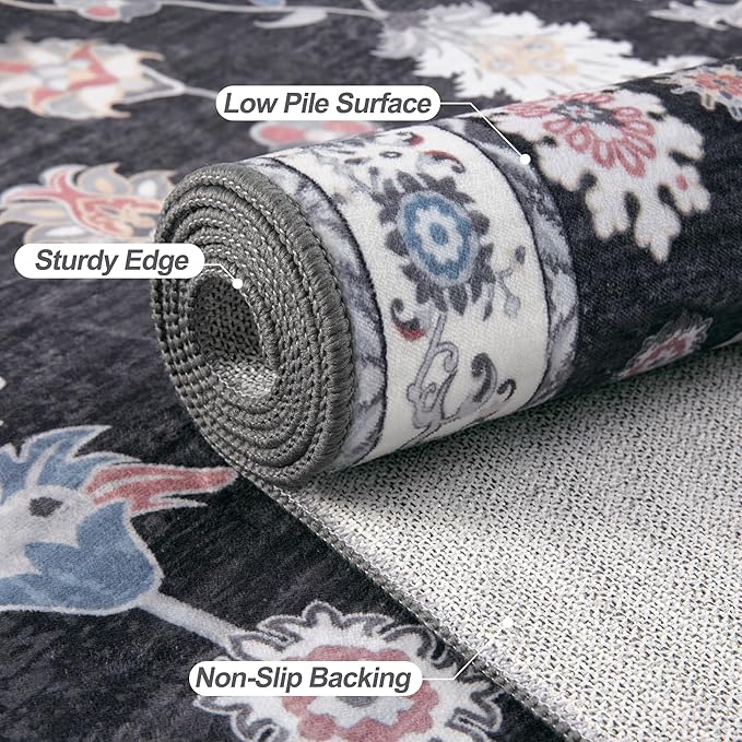 Tangsoo Washable Runner Rug for Hallway Non Slip, 2x5 Boho Floral Vintage Carpet Runner Rugs for Entryway, Floor Low Pile Runners for Kitchen Bathroom Laundry Bedroom Alfombra Black Red Farmhouse