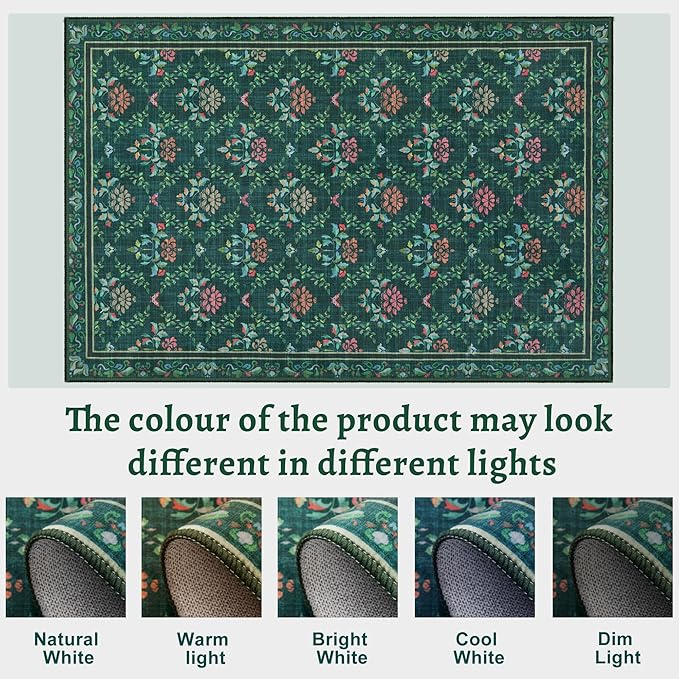 Tangsoo 5x7 Washable Area Rug, Non Slip Green Floral Indoor Rug, Soft Low Pile Floor Carpet for Living Room, Bedroom, Dining Room, Pet & Child Friendly Room Decor, Easy to Clean