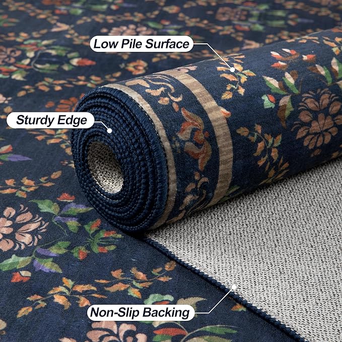 Tangsoo 5x7 Washable Area Rug, Non Slip Blue Floral Indoor Rug, Soft Low Pile Floor Carpet for Living Room, Bedroom, Dining Room, Pet & Child Friendly Room Decor, Easy to Clean
