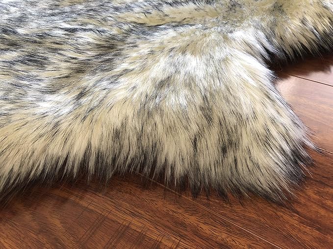 Free Shape Luxury Soft Fluffy Shag Area Rug Double Side by Side 3'x4', 90x120cm - Vegan Fur Ultra Soft Indoor Carpet Nursery Rugs for Bedroom Home Decor, White with Black Tips