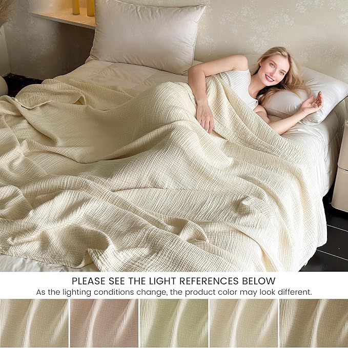 FALUCA Cotton Muslin Reversible Blanket King Size for Bed, Couch, Four Layers Blanket, Soft Lightweight Cozy Breathable Farmhouse Decoration for All-Season, Beige