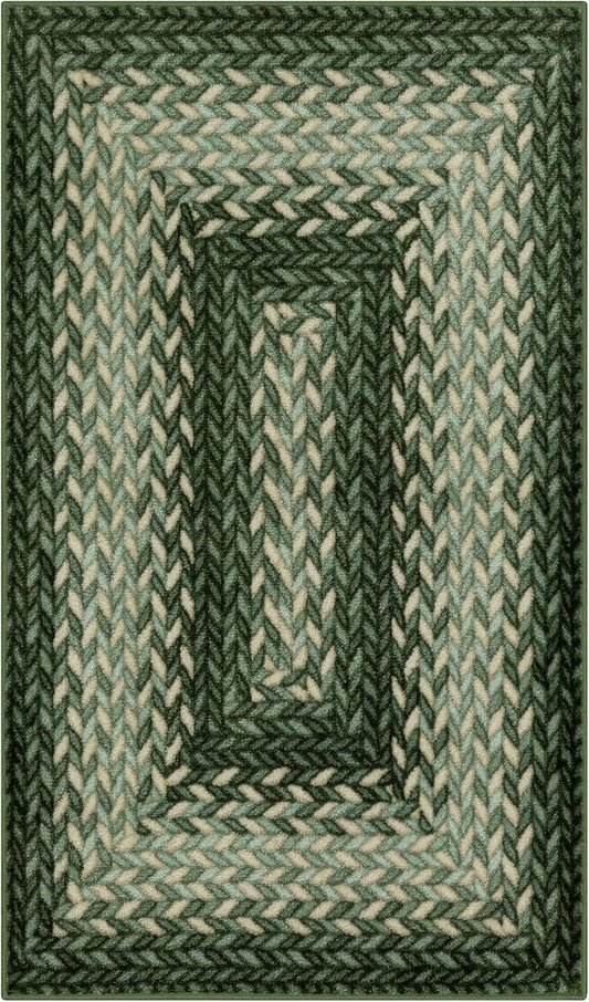 Maples Rugs Marion Bohemian Braided Design Print Area Rug – Made in USA – Washable, Non Slip Indoor Carpet for Entryway, Foyer, Kitchen, and Bathroom, 34" x 20", Green