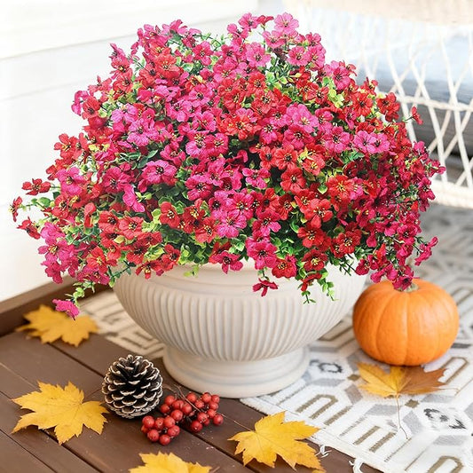 16 Bundles Artificial Flowers – UV Resistant Faux Mums in Red and Rose Red for Garden, Patio, Porch & Home Décor, Realistic Fake Flowers for Wedding & Outdoor Planters