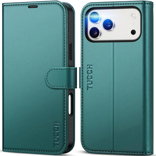 TUCCH Wallet Case for iPhone 17 Pro Max (6.9") 2025, 4 Card Holders | RFID Blocking | Stand | Shockproof TPU Shell | PU Leather | Magnetic Closure | Protective Flip Cover | Bluish Green