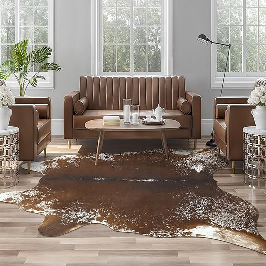 AROGAN Western Decor Faux Fur Cowhide Rug, 4.6×5.2 Feet Premium Animal Skin Cow Hide Rug, Sturdy Cow Print Rugs for Wall Decor, Western Floor Carpet for Bedroom Living Room, Spotted Brown