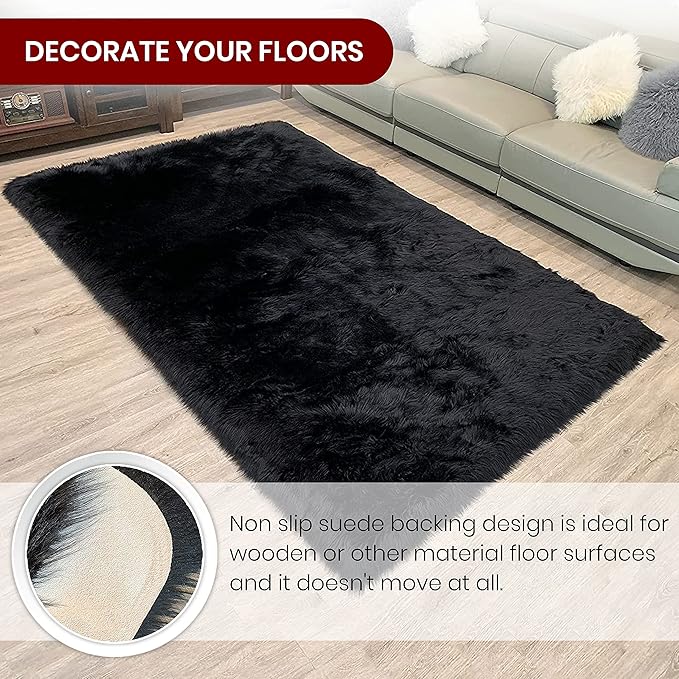 LAMBZY High Pile Super Fluffy Soft Faux Sheepskin Rug | Faux Sheepskin Rugs for Living Room Playroom Bedroom | Classic Super Soft to Touch Rug (6'x9', Black)