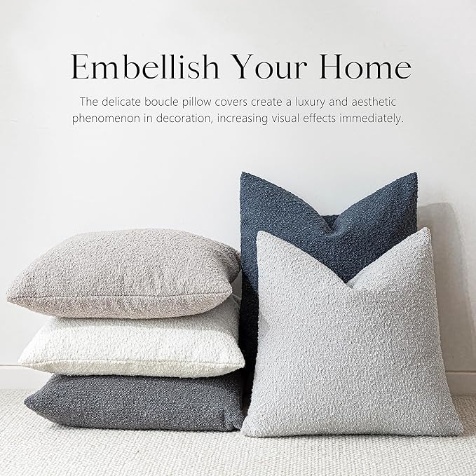 Foindtower Decorative Textured Boucle Throw Pillow Covers Accent Solid Pillow Cases Neutral Soft Cozy Couch Cushion Case for Chair Sofa Bedroom Living Room Home Decor 26 x 26 Inch,Light Grey