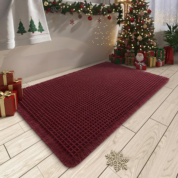 Upgraded Christmas Waffle Bath Mat, Super Absorbent Non Slip Bath Mats for Bathroom Floor, Machine Washable Bathroom Rugs with Tassels, Rubber Backed Bathroom Mats, Ultra Soft, 24" x 36", Burgundy