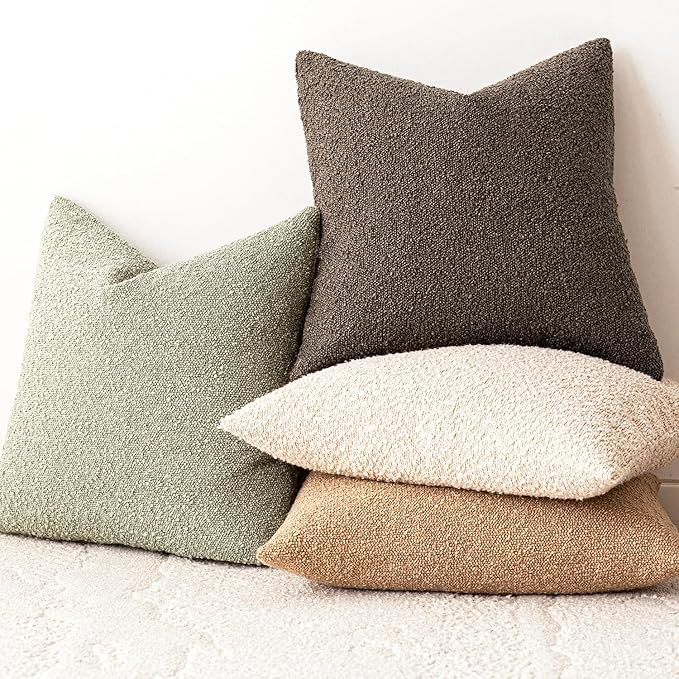 Foindtower Decorative Textured Boucle Throw Pillow Covers Accent Solid Pillow Cases Neutral Soft Cozy Couch Cushion Case for Chair Sofa Bedroom Living Room Home Decor 24x24 Inch,1PC,Dirty Sage Green