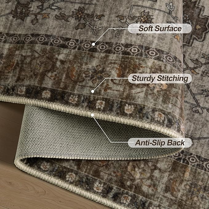 Tangsoo Washable Rug 4x6 Area Rug, Oriental Rug Indoor for Living Room, Non Slip Machine Washable Large Rugs, Soft Print Distressed Grey Carpet for Bedroom Dining Room Dorm Office