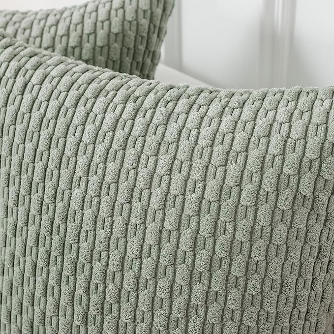Kevin Textile Throw Pillow Covers Soft Corduroy Decorative Set of 2 Boho Striped Pillow Covers Pillowcases Farmhouse Home Decor for Couch Bed Sofa Living Room 26x26 Inch Greyish Green