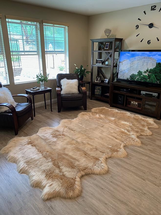 LAMBZY Faux Sheepskin Super Soft Hypoallergenic Silky Shag Rug for Living Room, Kids Room, Sofa (Duo Decto 12 Pelts 6'x12', Beige)