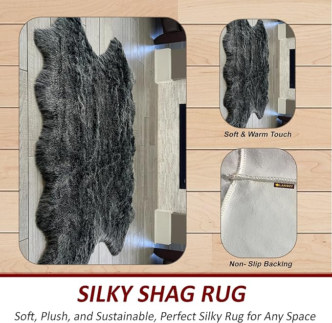 Free Shape Luxury Soft Fluffy Shag Area Rug Decto 10 Pelts 6'x10', 180x300cm - Vegan Fur Ultra Soft Indoor Carpet Nursery Rugs for Bedroom Home Decor, Black with White Tips