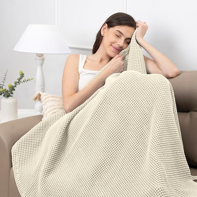 Organic Cotton Waffle Blanket Queen Size (90" x 90") Lightweight, Breathable and Soft, Luxurious Best Waffle Blanket for All-Season - Summer, Spring, Winter (Beige)