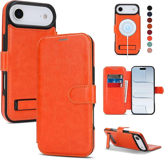CIVICASE for iPhone Air Wallet Case with Stand,PU Leather Flip Credit Card Holder Slots (RFID Blocking),Compatible with Magsafe Magnetic Holder Phone Cover Women Men,Orange
