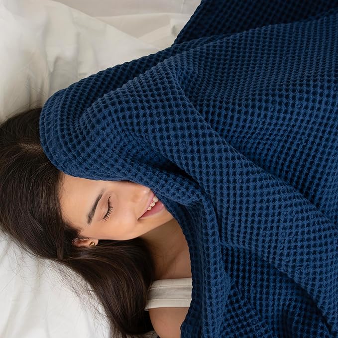 Best Organic Cotton Waffle Blankets King Size (104" x 90") - All-Natural, Toxic-Free, Lightweight, Breathable,Soft, Luxurious, for All Seasons(Blue)