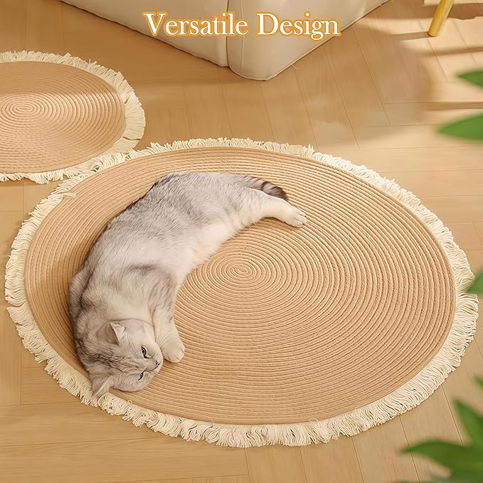Cotton Rope Area Rug for Cats, Cat Scratching Rug, Washable Round Vintage Reversible Woven Tassel Rug, Soft and Stylish Home Accent, Easy Clean, Multiple Sizes (Coffee and Black, 24" (60cm))