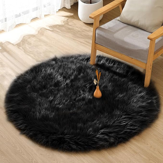 Black Fluffy Faux Fur Rug for Living Room Shag Circle Washable Area Rugs for Bedroom Round Rug 4ft Cute Room Décor