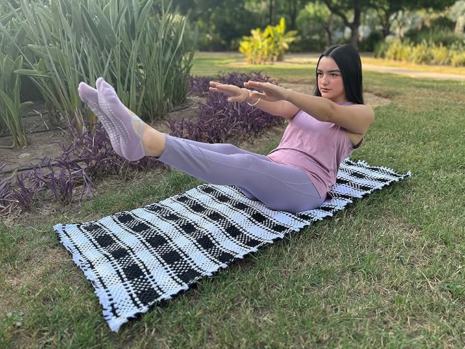 Handmade Mexican Chindi Rug-Colorful Washable Boho Rag Rug 5x2 ft Woven Runner for Kitchen, Bedroom, or Bath, Hippie Area Mat with Tassels, Mexican Style Floor Carpet-Rustic (Checkered Light)