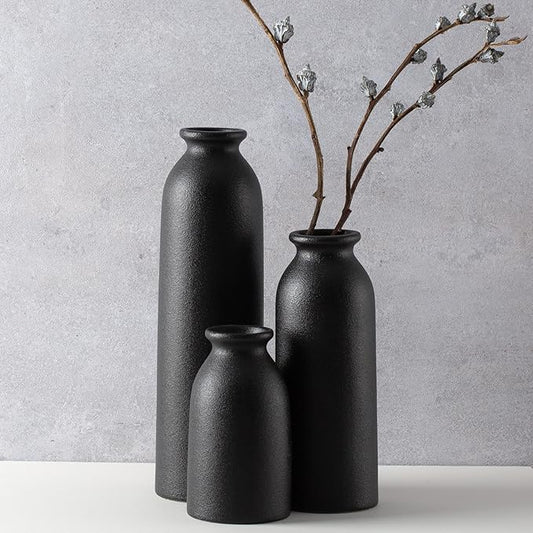 CEMABT Black Ceramic vase Set-3 Flower vases for Decor,Modern Boho Farmhouse Home Decor,Decorative vase for Pampas Grass&Dried Flowers,idea Shelf,Table,Bookshelf