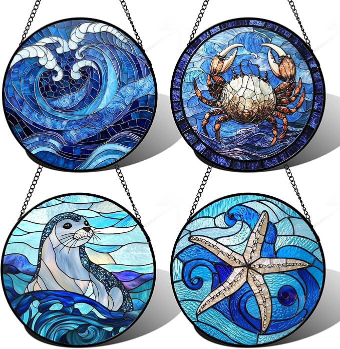 DASTOLL Stained Glass Window Hanging 4 Pcs Set Blue Ocean Waves Large 11.8" - Starfish Crab Seal Suncatcher Door Garden Sun Catcher Decor Birthday for Mom Woman Nana Men Friend