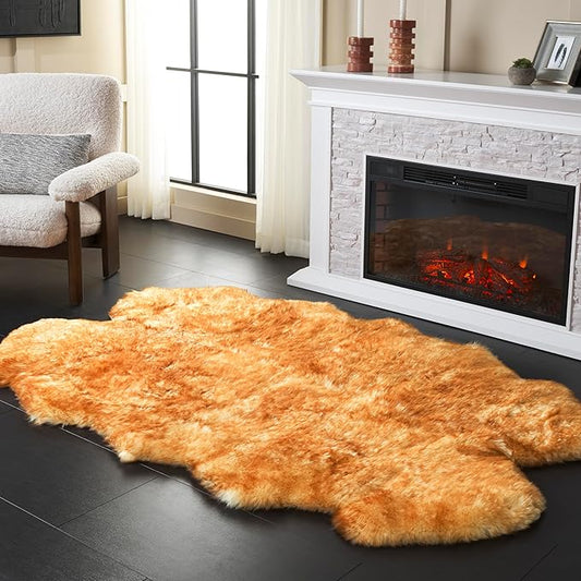 SAFAVIEH Sheep Skin Collection Accent Rug - 3'7" x 5'11", Champagne & Copper Brown, Handmade Rustic Genuine Pelt, 3.4-inch Thick Ideal for High Traffic Areas in Foyer, Living Room, Bedroom (SHS121K)