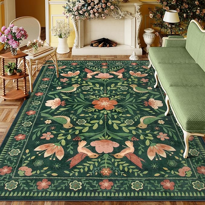 Moynesa Green Washable 8x10 Area Rugs for Living Room Bedroom Dining Room, Modern Cottage Farmhouse Aesthetic Floral Bird Medallion Carpet, Vintage Home Decor Open Floor Areas Protection Non-Slip