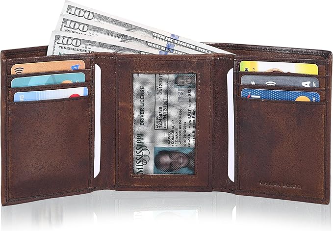 Tri fold Leather Wallet for Men with RFID | Slim Wallets for Men with 1 ID and 6 Credit card slots | Front Pocket Minimalist