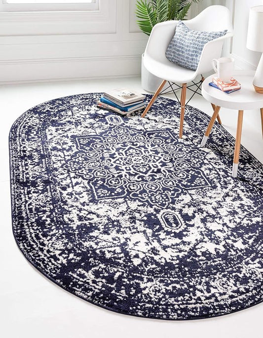 Rugs.com Arlington Collection Rug – 3' x 5' Oval Navy Blue Medium-Pile Rug Perfect for Living Rooms, Large Dining Rooms, Open Floorplans