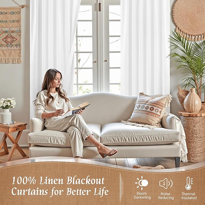 LAMIT White 100% Blackout Linen Curtains, 84 Inches Linen Textured Living Room Farmhouse Curtains Full Room Darkening Back Tab and Rod Pocket Burlap Panels with White Liner, 2 Panels, 52 x 84 Inch