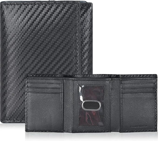 Real Leather Mens Trifold Wallet RFID Blocking Slim Minimalist Front Pocket - Thin & Stylish with ID Window in Gift Box