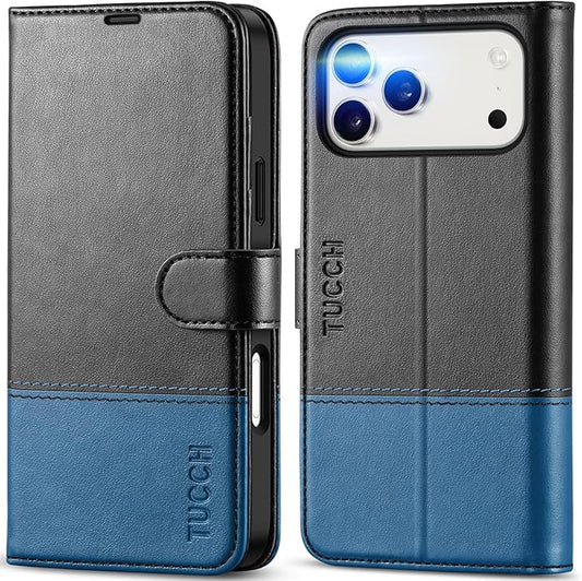 TUCCH Wallet Case for iPhone 17 Pro Max (6.9") 2025, RFID Blocking 4 Card Slots | Kickstand | Magnetic Closure | PU Leather | Shockproof TPU Shell | Protective Cover | Black & Light Blue