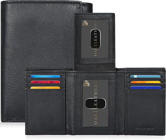 Real Leather Mens Trifold Wallet RFID Blocking Slim Minimalist Front Pocket - Thin & Stylish with ID Window in Gift Box