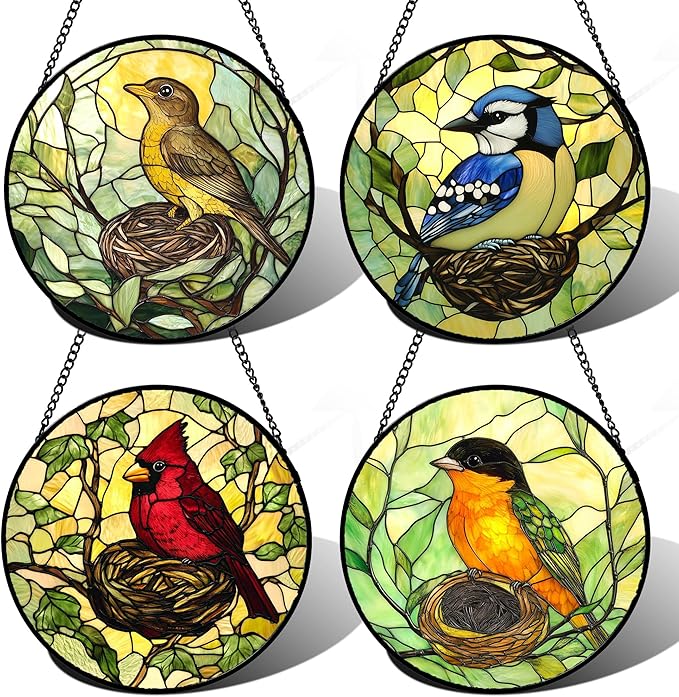 DASTOLL Stained Glass Window Hanging 4 Pcs Set Bird Theme On Branch 9.8" - Cardinal Suncatcher Door Garden Sun Catcher Decor Birthday Christmas for Mom Woman Nana Men