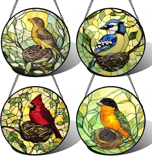 DASTOLL Stained Glass Window Hanging 4 Pcs Set Bird Theme On Branch 6.3" - Cardinal Suncatcher Door Garden Sun Catcher Decor Birthday Christmas for Mom Woman Nana Men