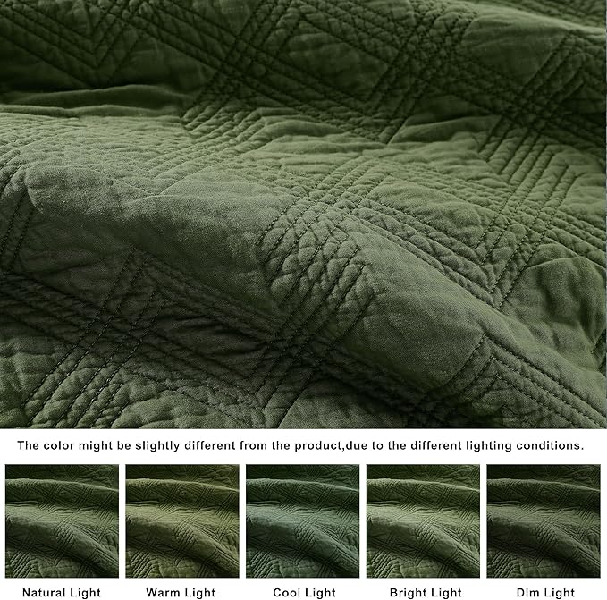 WDCOZY 100% Cotton Twin Size Quilt Set - Olive Green Pre-Washed Soft Lightweight Modern Bedspread, Farmhouse Country Rustic Coverlet, Textured Like Linen, Shabby Chic Gauze Bedding, 2 Pieces