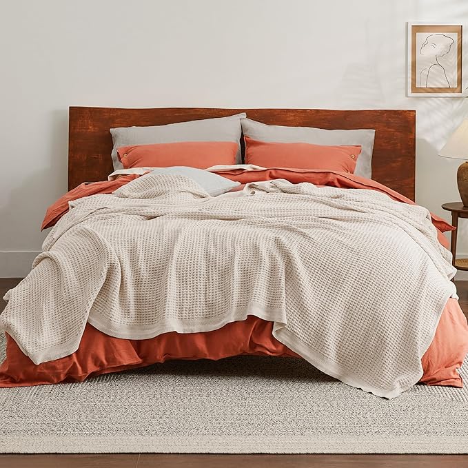 Bedsure Gentlesoft 100% Cotton Blanket Queen Size for Bed - Breathable and Soft, Thick Cozy Waffle Weave Christmas Blanket Gift for Women, Light Beige, 90x90 Inches