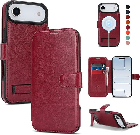 CIVICASE for iPhone Air Wallet Case with Stand,PU Leather Flip Credit Card Holder Slots (RFID Blocking),Compatible with Magsafe Magnetic Holder Phone Cover Women Men,Wine Red