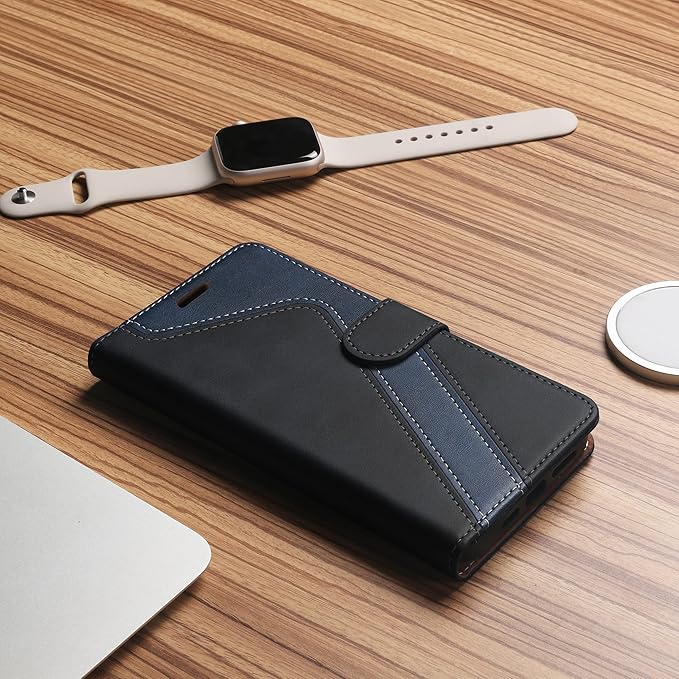 CIVICASE for iPhone 15 Plus Wallet Case,Leather Flip Case RFID Blocking Credit Card Holder Folio Magnetic Stand TPU Shockproof Cover Compatible with iPhone 15 Plus Black Blue