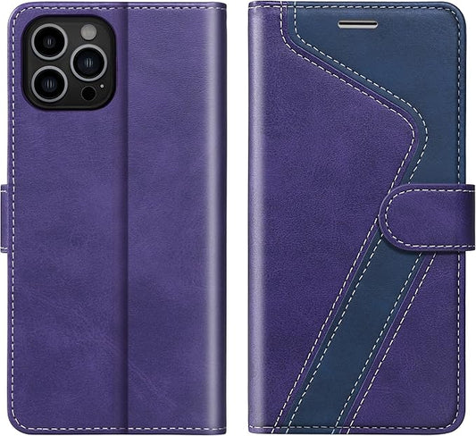 CIVICASE for iPhone 12/iPhone 12 Pro Wallet Case,Leather Flip Case [RFID Blocking] Credit Card Holder Folio Magnetic Stand TPU Shockproof Cover Color Matching for iPhone 12/iPhone 12 Pro,Purple Blue