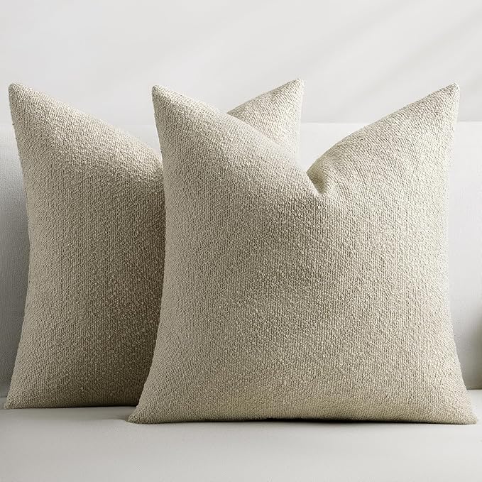 Throw Pillow Covers 24 x 24 Inch Set of 2, Beige Decorative Accent Solid Boucle Textured Pillow Cover, Cozy Neutral Cushion Pillow Cases for Living Room, Sofa, Chair, Bedroom, Home Decor