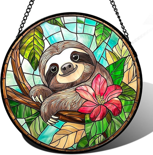 Stained Glass Window Hanging, Cute Sloth Sun Catcher for Door Home Decor Animal Suncatcher Christmas Mother's Day Birthday Gifts for Women Men Mom and Nana 9.8 in