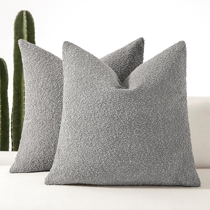 Boucle Decorative Throw Pillow Covers for Couch Set of 2, 22x22 inches, Light Grey