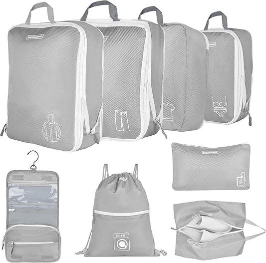8 Set Expandable Compression Packing Cubes for Suitcases Travel Essentials Carry On Waterproof Storage Bag With Dry And Wet Separation Grey