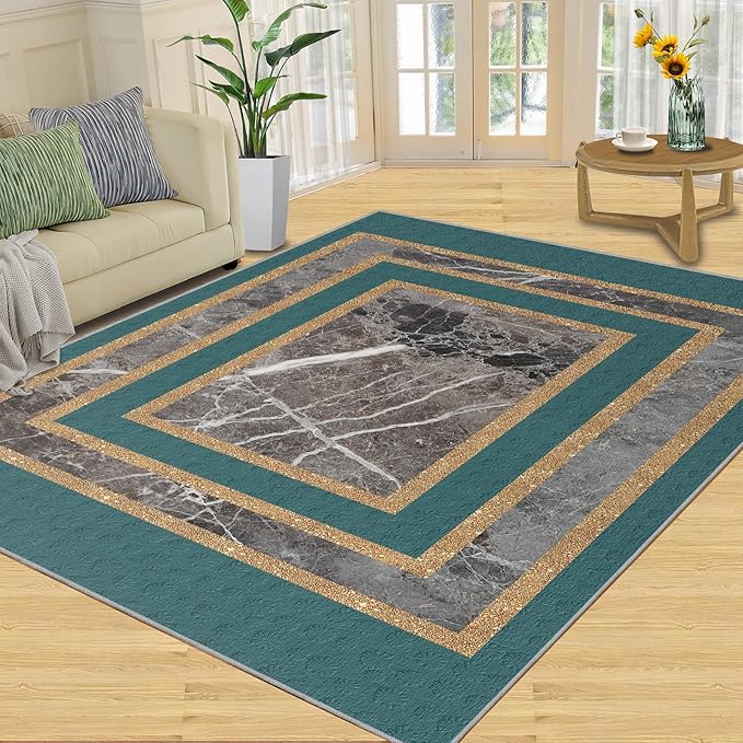 Emerald Green Marble Rug Luxury Teal Marble Area Rug Gilded Geometric Carpet Vintage Stone Crack Carpet for Bedroom Bedside Living Room 7x9ft