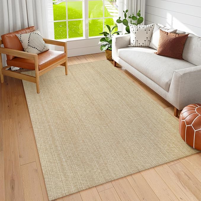 Collive Boho Living Room Rugs 5X8 ft, Washable Area Rug Woven Cotton Modern Bedroom Rugs, Tan Floor Carpet Braided Rug for Dining Room Living Room Nursery Room, Outdoor Rug for Patio Balcony Decor