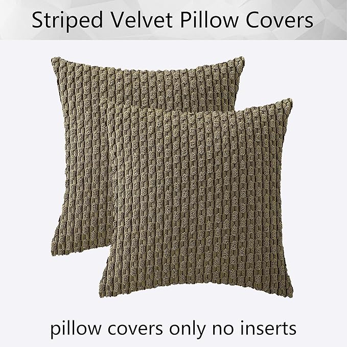 Kevin Textile Pack of 2 Corduroy Decorative Throw Pillow Covers 20x20 Inch Soft Boho Striped Pillow Covers Modern Farmhouse Home Decor for Sofa Living Room Couch Bed Olive Green