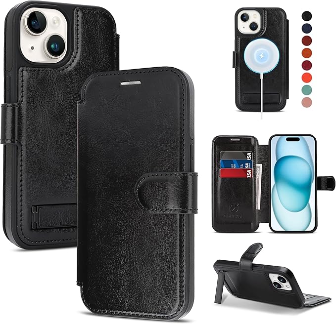 CIVICASE for iPhone 13/iPhone 14 Wallet Case with Stand,PU Leather Flip Credit Card Holder Slots (RFID Blocking),Compatible with Magsafe Magnetic Holder Phone Cover Women Men,Black
